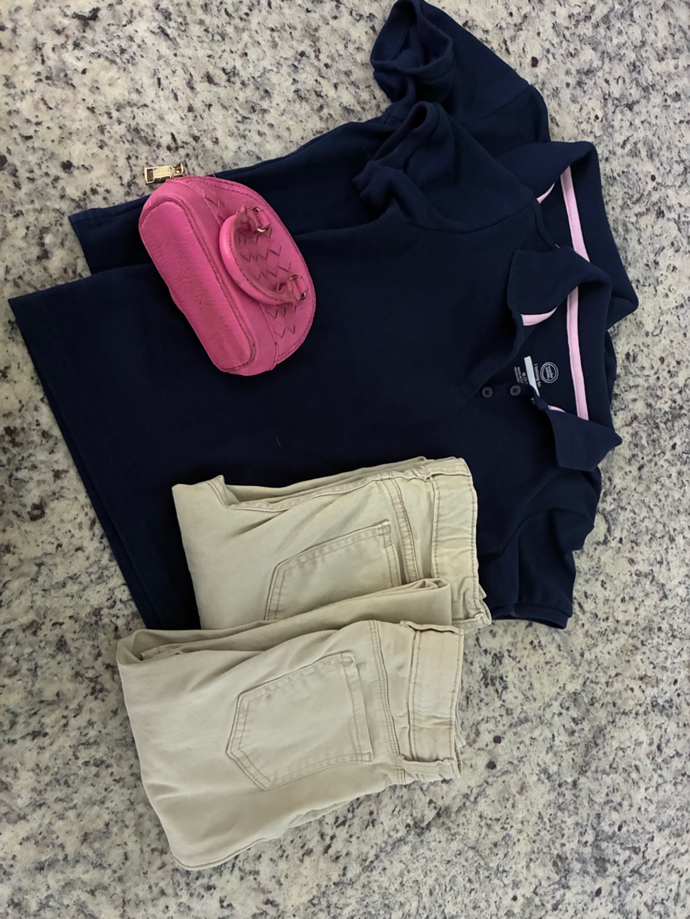 wonder nation Navy Polo with Khaki Bottoms and Pink Purse